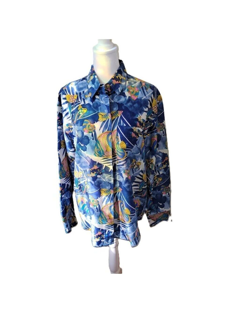 S.L.B. Ocean Silk Blouse Tropical Fish Print Multicolored Shirt Women's Size S
